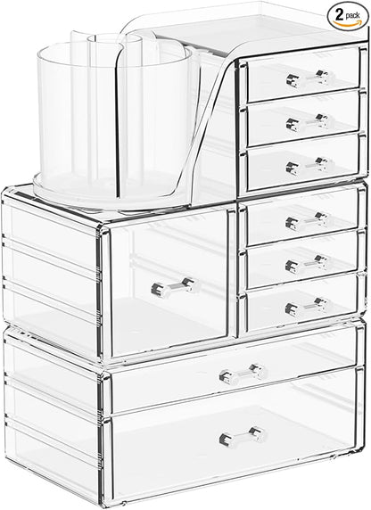 SuoXing 3 Pack Clear Acrylic Makeup Organizer for Vanity With 9 Drawer, Skincare Organizers Countertop With Make up Brush Holder,Bathroom Make up Drawer Storage for Beauty,Hair Accessories Organizer | Cute