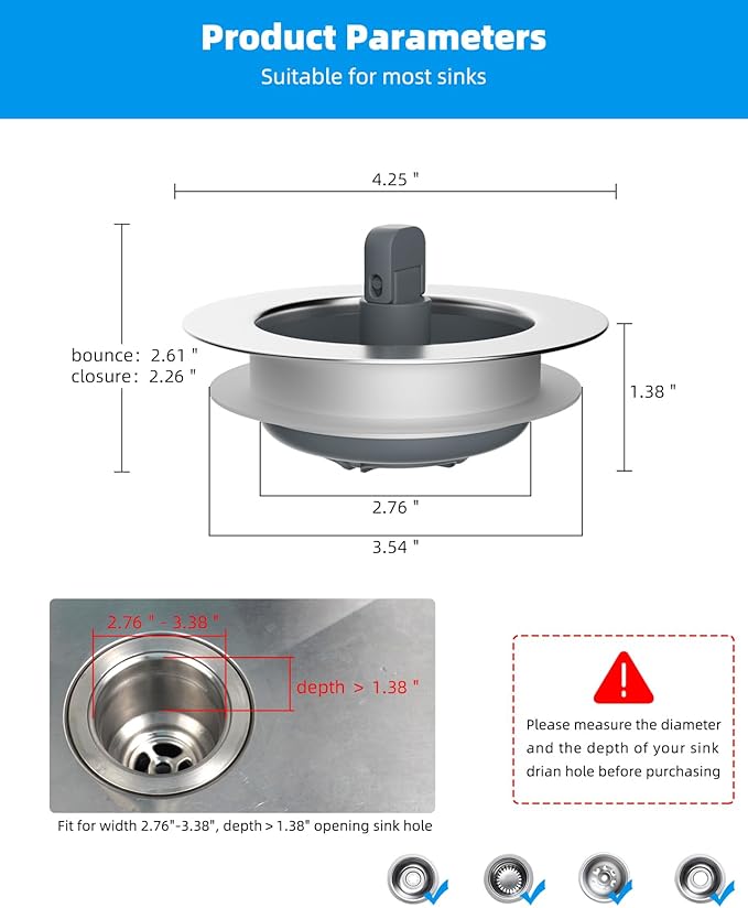 Hibbent 2 Pack 3 in 1 Kitchen Sink Drain Strainer and Stopper Combo, Chrome