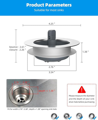 Hibbent 3 in 1 Kitchen Sink Drain Strainer and Stopper Combo, Chrome Stainless