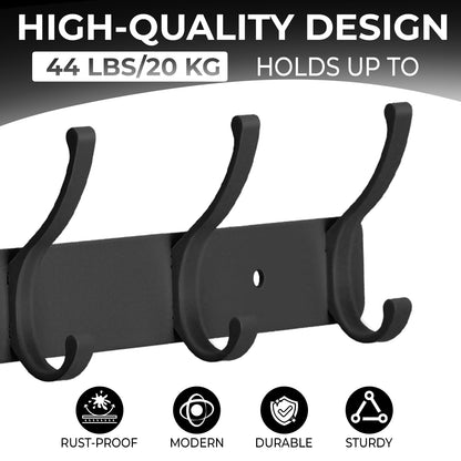 Dntorx Coat Rack Wall Mount, 2 Pack Coat Hooks Hanger Wall Double Hook Rack Rail Towel Hat Rack Entryway Bathroom Hanger Organizer for Robes, Clothes, Bags, Hat(Black)