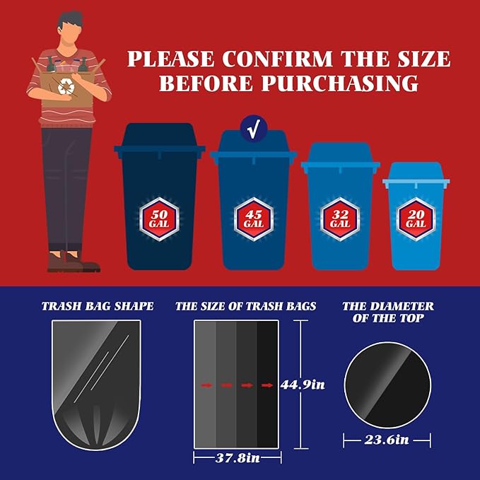 Teivio Trash Bags, 40-45 Gallon,
