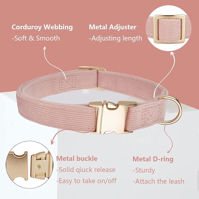 Soft Corduroy Dog Collar and Leash Set Adjustable Durable Dog Collars with Metal Buckle and Lead for Female Medium Dogs,Baby Pink