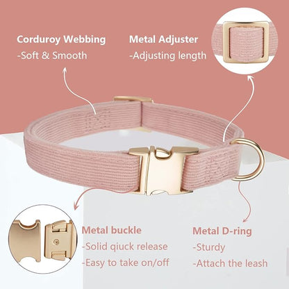 Soft Corduroy Dog Collar and Leash Set Adjustable Durable Dog Collars with Metal Buckle and Lead for Female Large Dogs,Baby Pink
