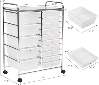 LDAILY 15 Drawer Rolling Storage Cart, Rolling Cart with Drawers for Classroom, Art Supply Craft Organizer on Wheel with Metal Frame & Handles for Home Office School