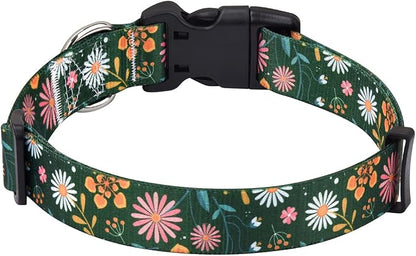Mihqy Dog Collar with Bohemia Floral Tribal Geometric Patterns - Soft Ethnic Style Collar Adjustable for Small Medium Large Dogs(Dark Green Flower,S)