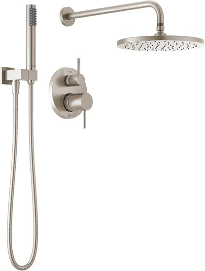 Delta Modern 14 Series Round Rain Shower System Faucet Set, Rainfall Brushed Nickel Shower Head and Handle Set, Valve Trim Kit, 10 Inch, Spotshield Stainless T342702-SP (Valve Not Included)