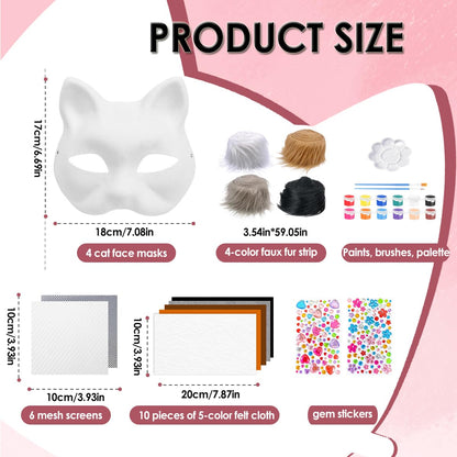 Bayurht Therian Masks Kit—DIY Cat Fox Furry Mask Craft Set, Paintable Animal Costume Furry Mask with Felt Fur, Eye Meshes & Gem Stickers for Halloween, Cosplay, Party