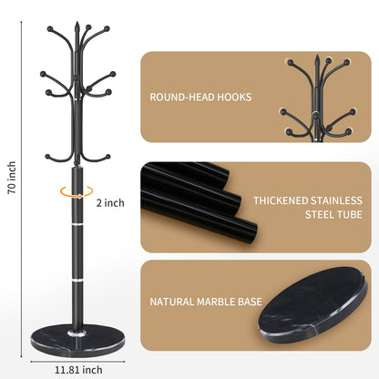 LOZABEE Metal Coat Rack Stand, Modern Freestanding Coat Rack with Natural Marble Base, Black Coat Racks and Coat Hall Tree Hanger Stand with 12 Hooks for Entryway, Hallway, Office