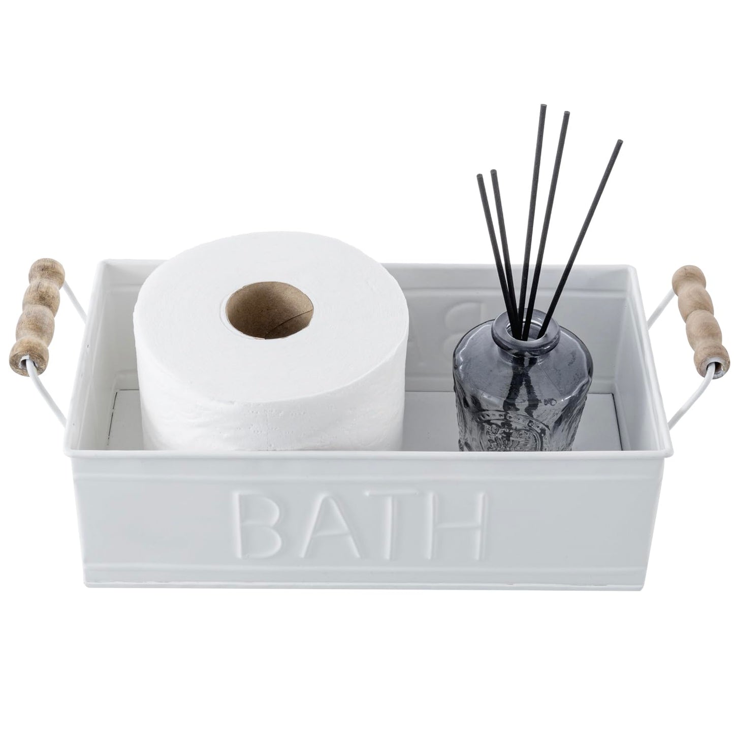 MyGift Vintage Bronze Metal Rectangular Storage Basket with Wooden Handles, Bathroom Toiletries Holder, Organizer Bin with Embossed Bath Label - Handcrafted in India (White)