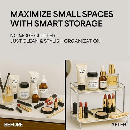 2-Tier Metal Countertop Storage Rack for Perfume, Cosmetics, Makeup, Skincare, and Bathroom Vanity Organizer (Cream)