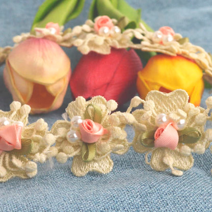 Kuasting 2 Yard Vintage Pearl Flower Ribbon Scallop Edge Trim Lace Fabric Sewing Lace Trim Handmade DIY Sewing Supplies for Dress Embellishment (Small Pearl lace)