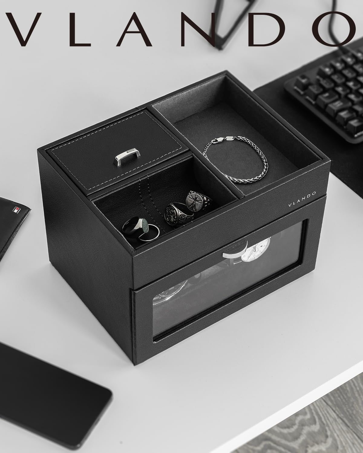 VLANDO Automatic Double Watch Winder for Men - Watch Winder Box with Jewelry Organizer Tray for Father Husband Dad, Japanese Quiet Motor, LED Light, Adjustable Watch Pillows - Black