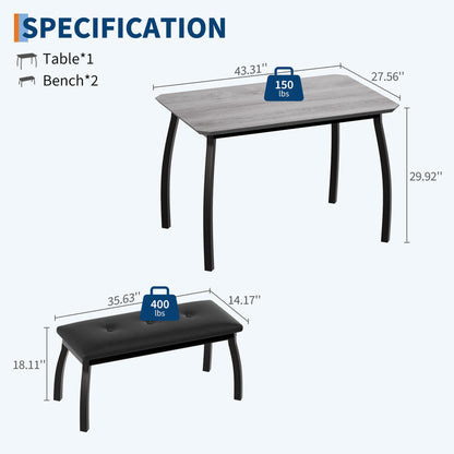 Garvee Dining Table for 4, 3-Piece Kitchen Table Set with Wooden Tabletop and Metal Frame, Industrial Retro Kitchen Table with 2 PU Leather Benches for Bar, Dining Room, Restaurant- Grey