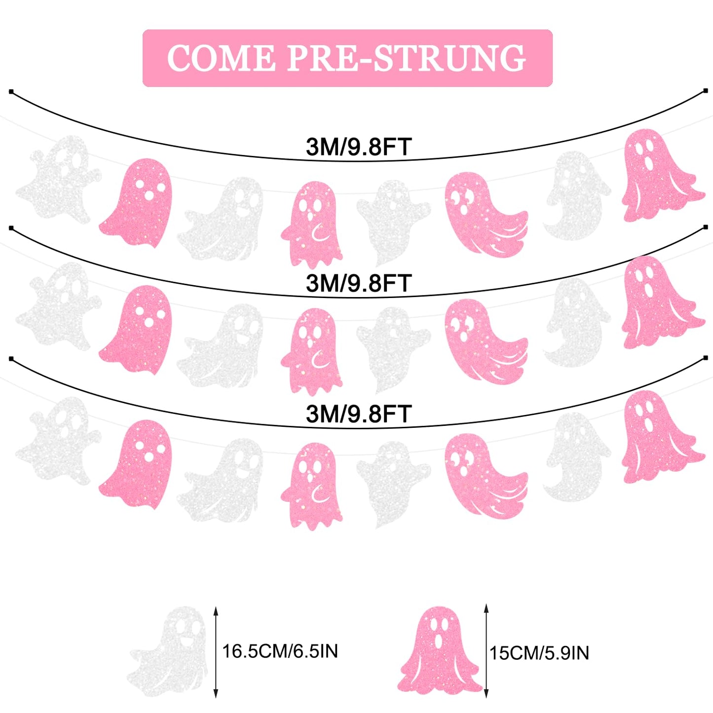 JKQ 3 Pack Glitter Halloween Ghost Banner White Pink Glittery Happy Halloween Party Ghost Hanging Decorations for Haunted Houses Indoor Outdoor Home Wall Mantle Fireplace Mansion Party Supplies