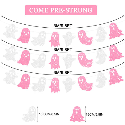 JKQ 3 Pack Glitter Halloween Ghost Banner White Pink Glittery Happy Halloween Party Ghost Hanging Decorations for Haunted Houses Indoor Outdoor Home Wall Mantle Fireplace Mansion Party Supplies