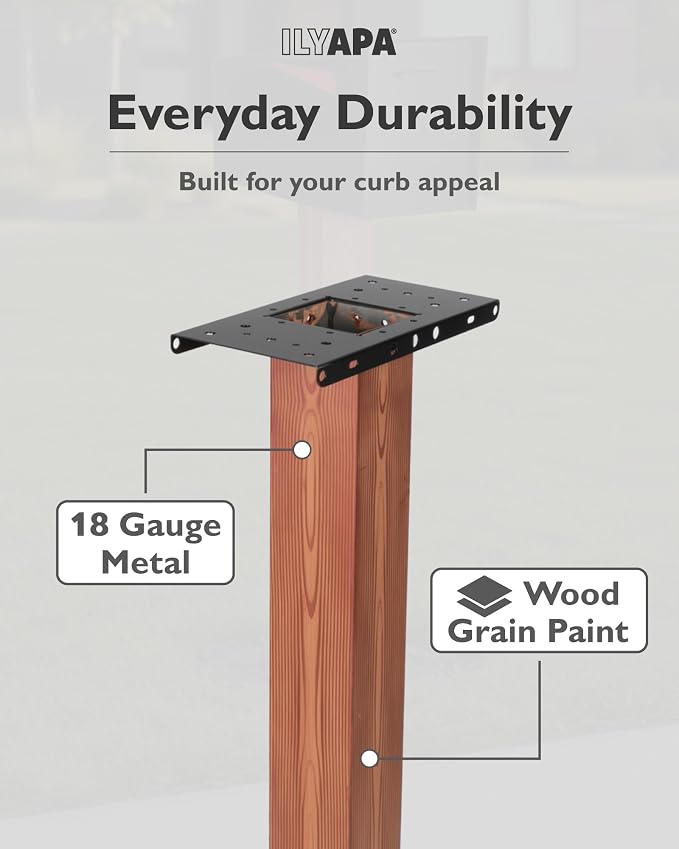 Ilyapa Metal Mailbox Post for Outside, 43x4x4 inch Wood Print Metal Post Sleeve with Two Universal Mounting Plate Brackets for Decorative Residential Mailboxes, Heavy Duty