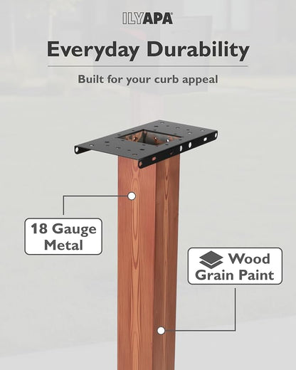Ilyapa Metal Mailbox Post for Outside, 43x4x4 inch Wood Print Metal Post Sleeve with Two Universal Mounting Plate Brackets for Decorative Residential Mailboxes, Heavy Duty