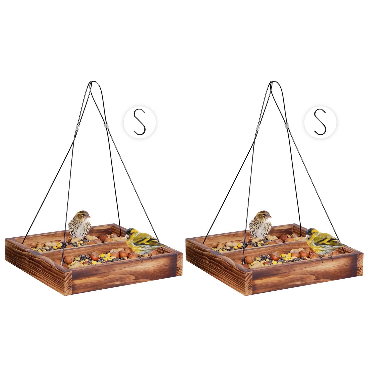 MIXXIDEA Bird Feeder Hanging Tray, Wooden Platform Hummingbird Feeder Mesh Seed Platform for Garden Yard Outside Decoration Attracting Wild Birds (Brown)