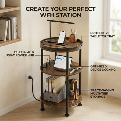Small Round Side Table with Charging Station for Small Spaces, 3-Tier Round Accent Table with USB Ports & Power Outlets, Corner Table Sofa End Table for Living Room Bedroom (USB Charger, Rustic Brown)