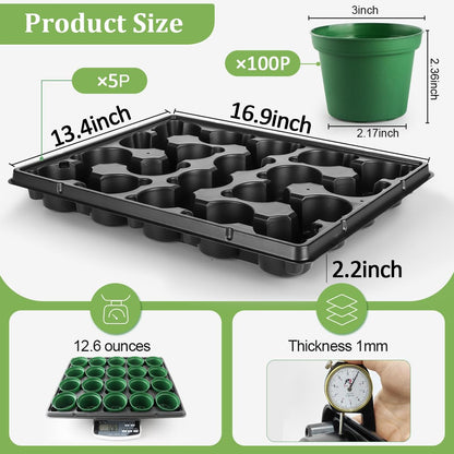 RooTrimmer 3 Inch Nursery Pots 100 Pcs with 5 Pcs 20 Cell Nursery Pot Trays, 5 Sets Seed Starting Kit for Seedlings, Propagation and Home Gardening, Sturdy Green Seeds Starter Pot Tray Germination Set