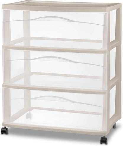 Sterilite Wide Storage Cart, 3 Clear Drawer Plastic Organizer with Wheels, Grey Pumice Frame - Rolling Unit for Craft Supplies or Home Accessories