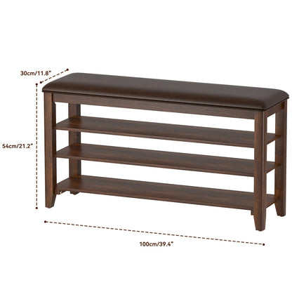 Shoe Rack Bench Entryway Storage with Leather Cushion, Shoe Organizer Bench for Entryway, Ideal for Front Doors Entrances Hallway Mudroom Featuring Rubberwood And 3 Height-Adjustable Removable Shelve