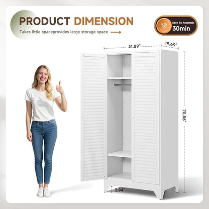 Letaya Armoire Wardrobe Closet,20" Deep Metal Wardrobe Cabinet with Doors and Shelves,Hanging Rod Clothing Storage Cabinets for Home Room (White)