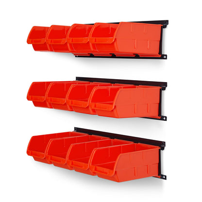 Ultrawall Wall Mounted Storage Bins, Plastic Hanging Storage Organizer Bins, Garage Tool Storage System for Screws, Nuts, Bolts, Nails, and Small Hardware Parts, 12x bins & 3 x rails, Orange