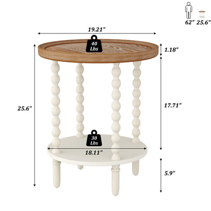 Function Home Round End Table, Farmhouse Side Table with Storage Shelf, 2 Tier Wooden Nightstand, 19.2” Accent Table for Living Room Bedroom Small Space, Natural Tray Top and Vintage White Spindle Leg