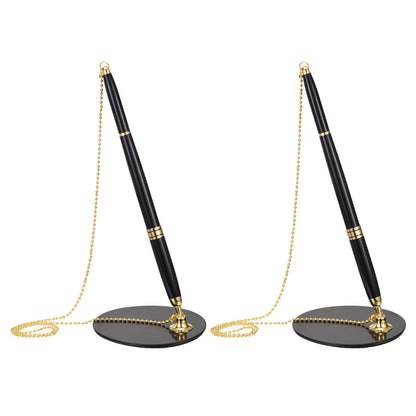 PATIKIL Secure Pen with Chain and Adhesive Pen Holder, 2Pcs Reception Counter Desk Pen with Security Pen Holder for Office Bank Hotel Lobby, Black Gold