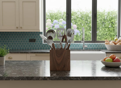 IVE Design Walnut Utensil Holder for Kitchen Wood Utensil Crock Wood Utensil Holder