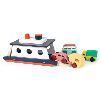 Mentari Toys - Car Ferry - Wooden Boat Set with 4 Vehicles - Includes Car, Caravan, Campervan, and Truck - Interactive Loading & Unloading Toy for Fine Motor Skills, Gift for Toddlers Age 3+