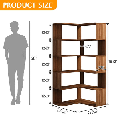 IOTXY 6-Tier L-Shaped Corner Bookshelf - 66" Tall Wooden Freestanding Bookcase with Open Shelf Units, Walnut