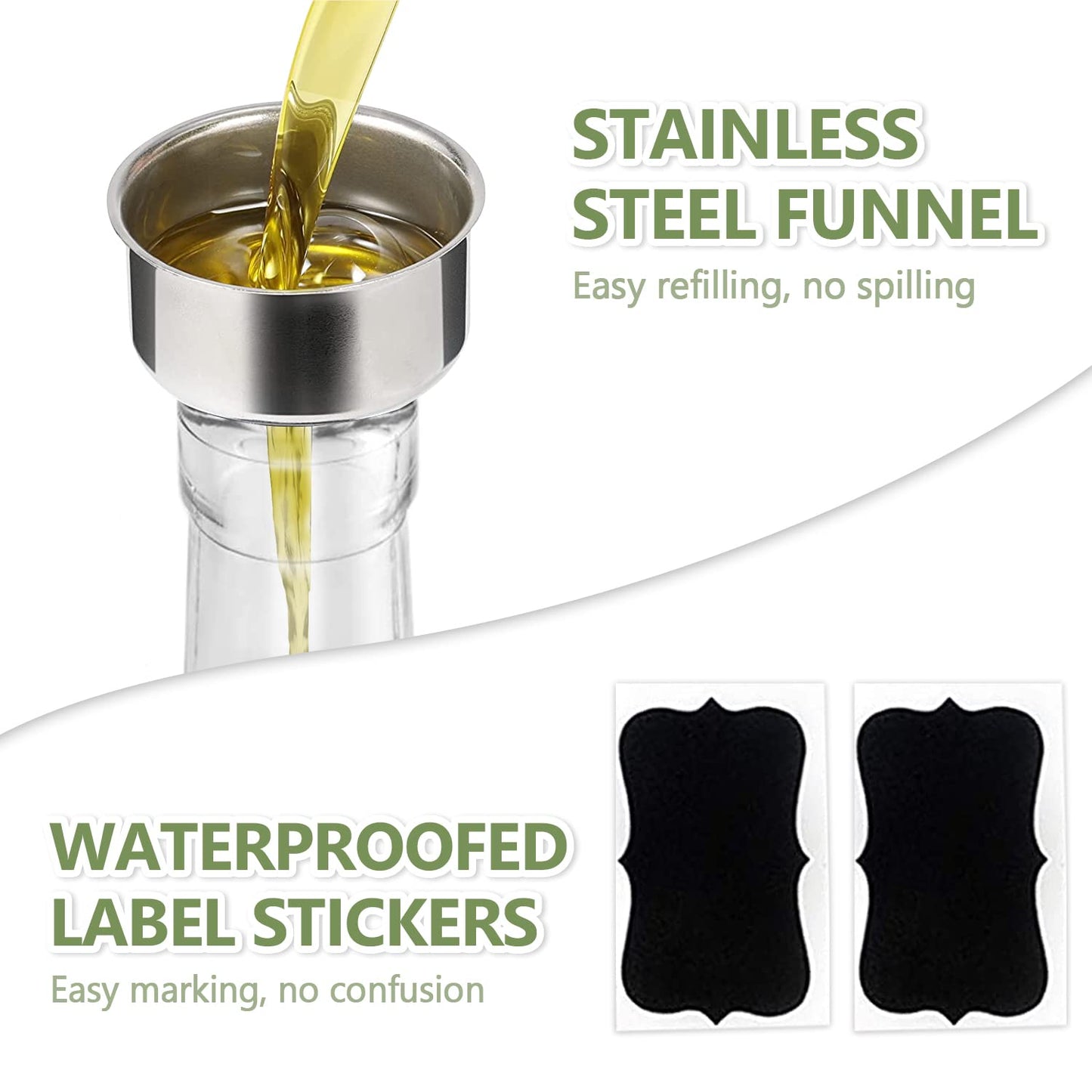 Leaflai 17oz Olive Oil Dispenser Bottle, 500ml Oil & Vinegar Cruet with 2 Stainless Steel Pourers, 2 Labels,1 Brush and 1 Funnel for Kitchen
