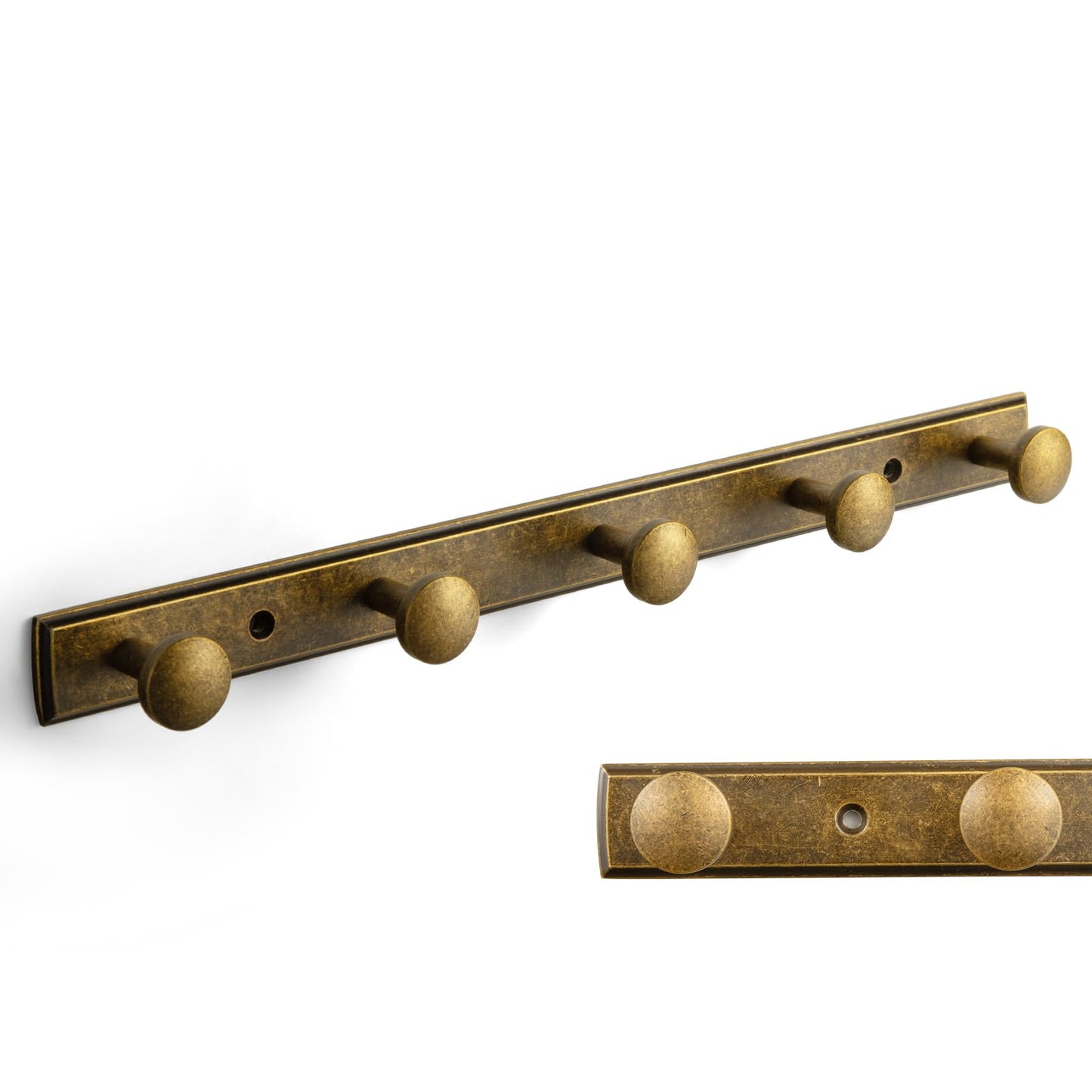 Goo-Ki Antique Brass Coat Rack Wall Mount, Heavy Duty Zinc Wall Mounted Coat Hooks with Escutcheon Backplate, Vintage Hat and Towel Hanger Rail for Entryway, Bathroom and Mudroom (5 Hooks)