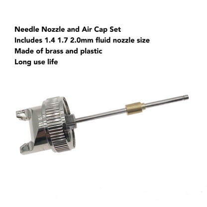 Sunicon Nozzle Set, H-827 1.4mm 1.7mm 2.0mm Nozzle Replacement Kit 3 Sets Needle Fluid Nozzle Air Cap Kit Brass Plastic Fluid Tip Size Set Up Spray Paint Repair Accessories Kit for Spray Guns