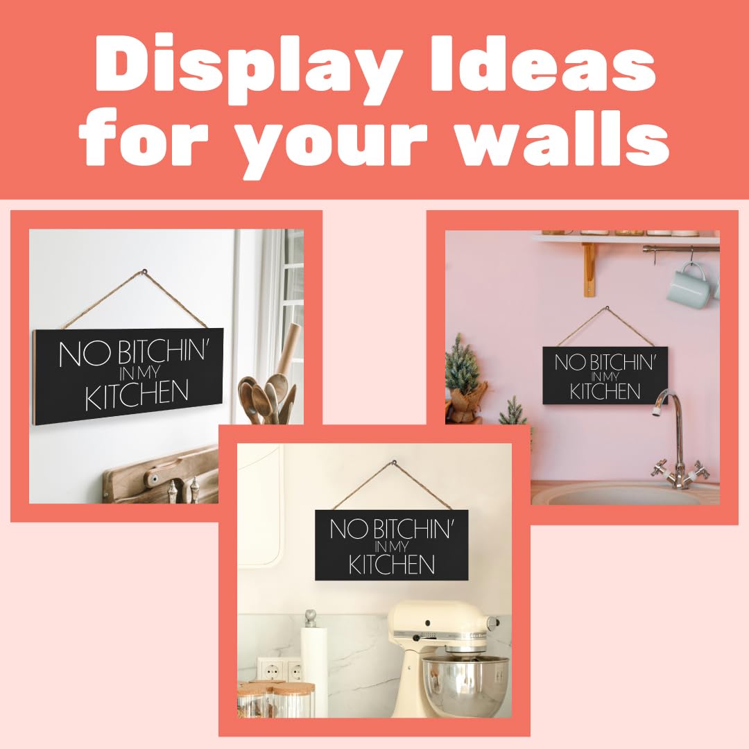 JennyGems Funny Kitchen Signs No Bitchin In My Kitchen - Modern Farmhouse Wall Art & Décor - Hanging Wooden Sign, Made in USA