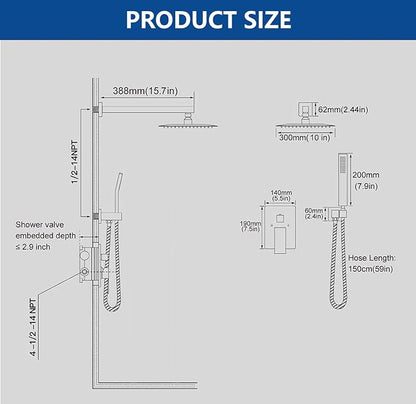 Matte Black Shower System with 10-Inch Rain Showerhead and Handheld | Innovative air-injection technology for low pressure, high-flow rate up to 3.22 GPM ensuring powerful consistent stream