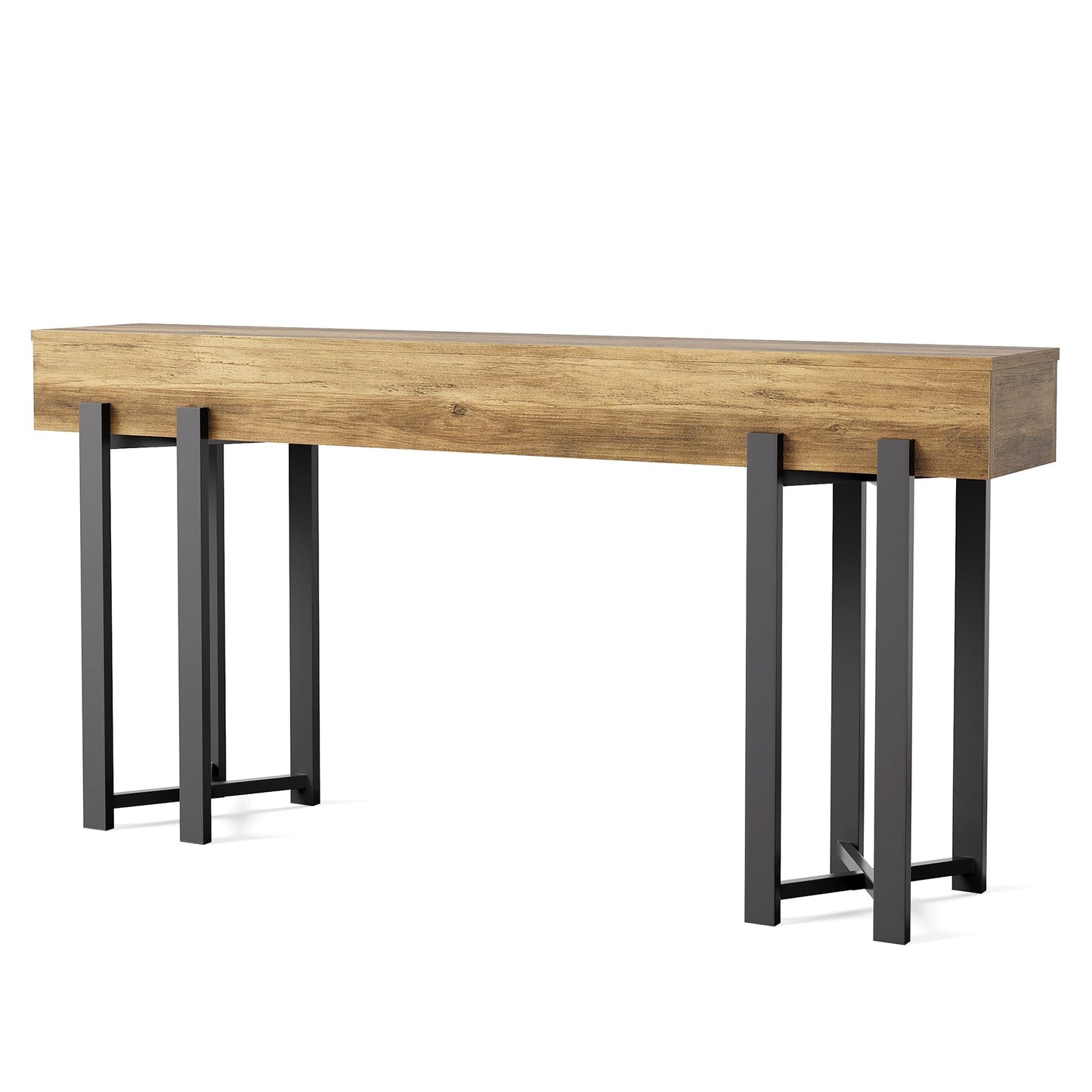 LITTLE TREE 63-Inch Console Table for Entryway, Industrial Behind Couch Table, Minimalist Sofa Table for Living Room, Rustic Brown Wooden Hallway Foyer Table with Black Metal Frame