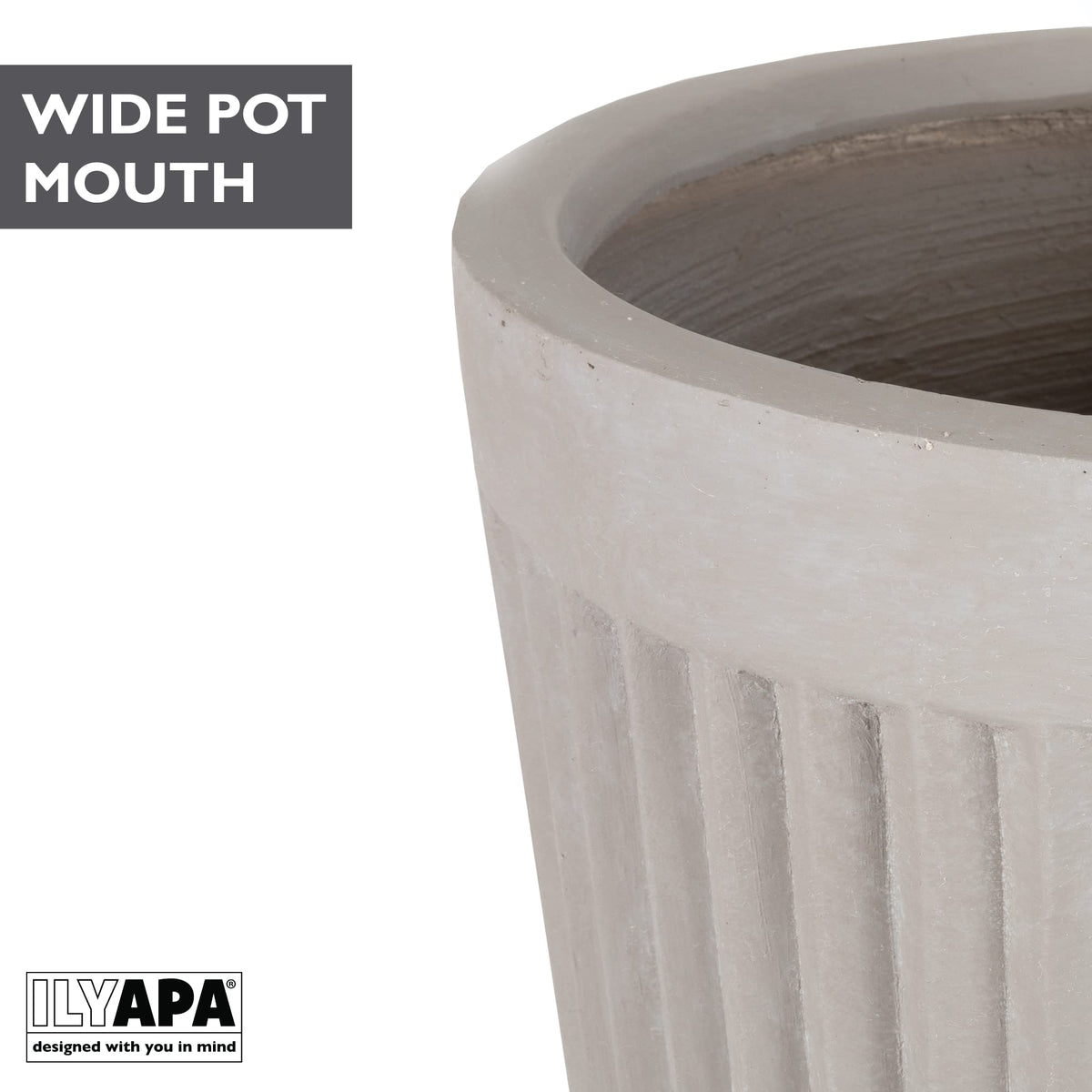 Ilyapa 14x14 inch Fluted Large Modern Concrete Outdoor Planter, Large Indoor Plant Pot with Drainage - 14 Inch Pots for Plants, Indoor/Outdoor