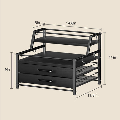 Homsorout Coffee Syrup Rack Organizer - 4-Tier 8 Syrup Wine Bottles Stand with 82 Storage Drawer for K Cups, Coffee Pod Holder for Countertop, Bar Station, Kitchen, Black