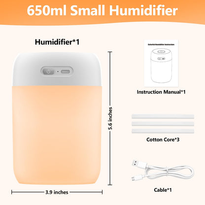 BAMCOO Portable Small Humidifier, 650ml Colorful Mini Humidifier for Bedroom, Office Desktop, Baby Room, Plants, Cool Mist Humidifiers(White)