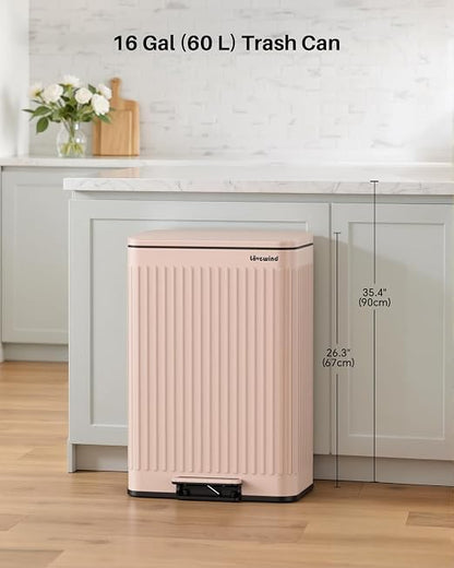 Lovewind 60 Liter/ 16 Gallon Stainless Steel Trash Can with Soft-Close Lid, Large Footstep Garbage Can with Roman Texture, Removable Inner Buckets, Recycling Bin for Kitchen Office, Pink