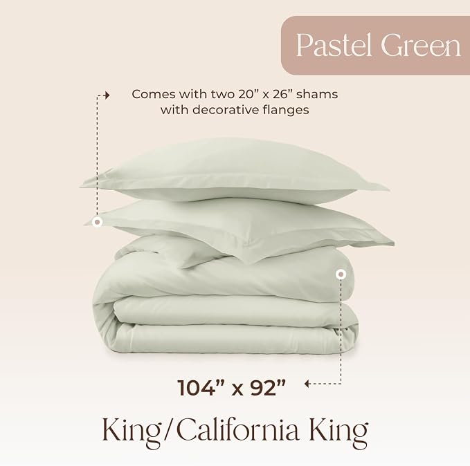 100% Organic Cotton Duvet Cover King Size - Naturally Soft Lightweight & Cooling Duvet Cover Set with Decorative Shams - Premium GOTS Certified 300 Thread Count Sateen Weave (Pastel Green, King)