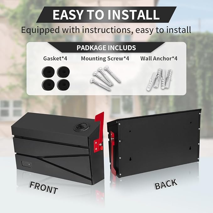 Ydocabinit Wall Mount Mailbox, Large Capacity Mailbox for House, with Flag, Visibility Galvanized Steel Rust-Proof Metal Post Drop Box, Mailboxes for Outside, 15.74"×9.84"×4.33" Solar Lanterns Black