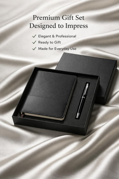 Business Office A5 Soft Leather Notebook Gift Set with Pen, Black, Professional Stationery Set with Premium Pens