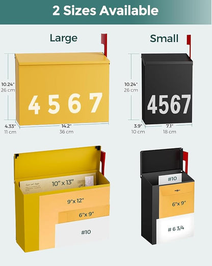 LAND·VOI Wall-Mount Mailbox with One Flag Kit and Three Sets of 0-9 Mailbox Number Stickers, Mailboxes for Outside, Galvanized Steel Rust-Proof Metal Post Box, 4.33" Dx14.2 Wx10.43 H, Yellow