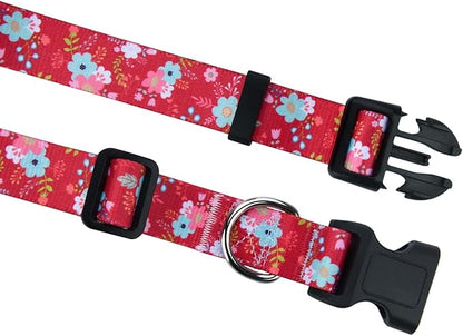 Mihqy Dog Collar and Leash Set with Bohemia Floral Tribal Geometric Patterns - Soft Ethnic Style Collar Adjustable for Small Medium Large Dogs(Red Floral Set,XS)