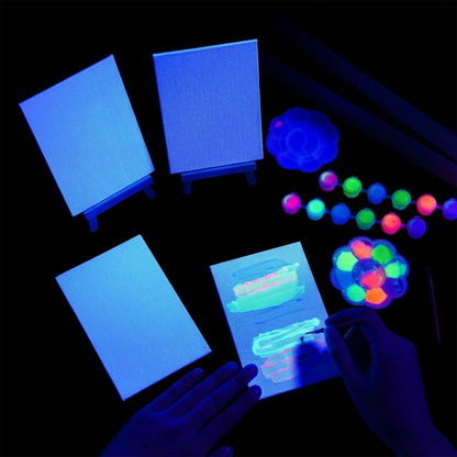 Tosstuki 24 Set Glow in the Dark Party Supplies Glow in Dark Paint Kit 3.9" x 5.9" Canvas for Painting with Wooden Easel Paint Brush Kit for DIY Crafts Rainbow Light up Birthday Luminous Party Favors