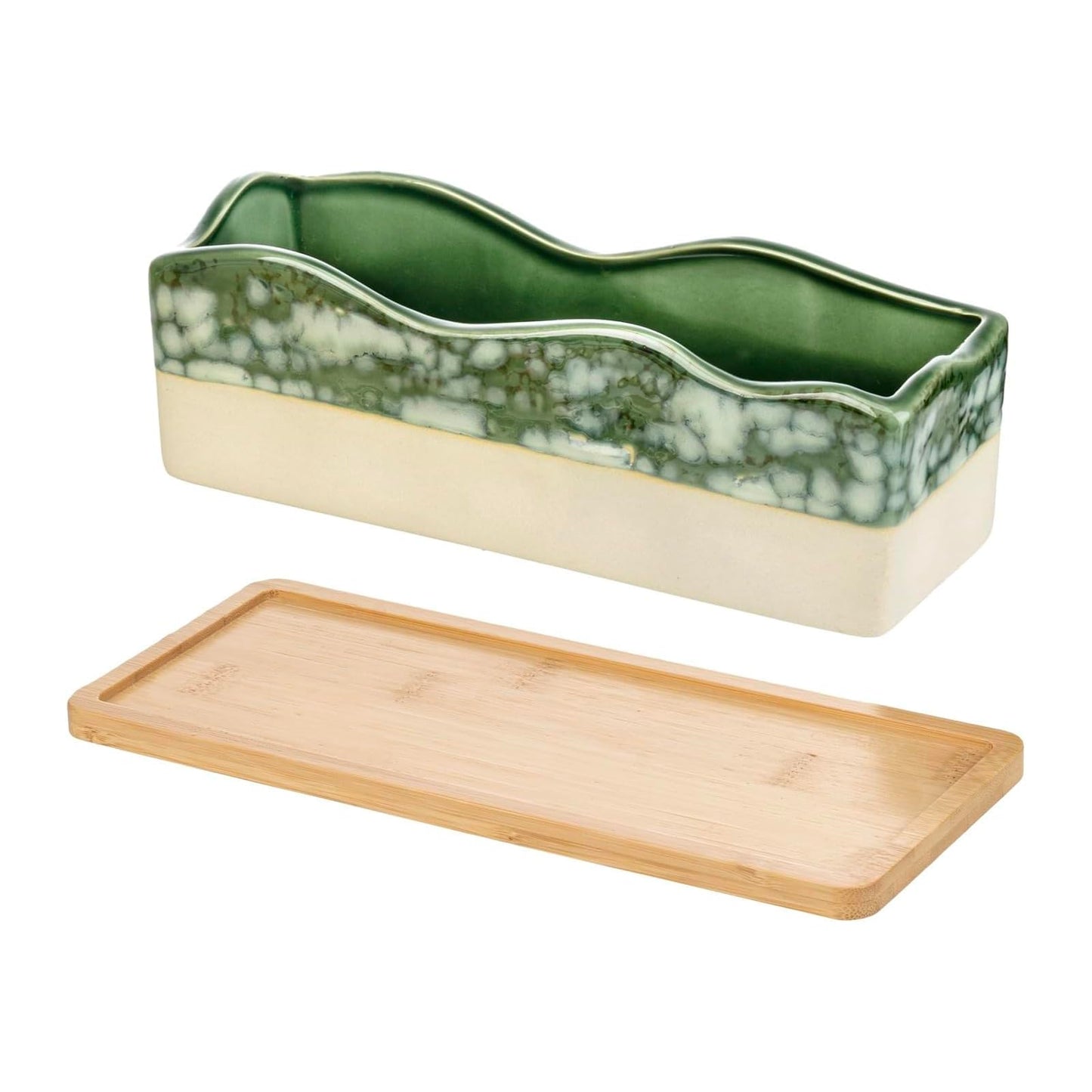 MyGift Rectangular Succulent Planter - Decorative Beige and Green Ceramic Glazed Plant Container Pot with Removable Bamboo Tray
